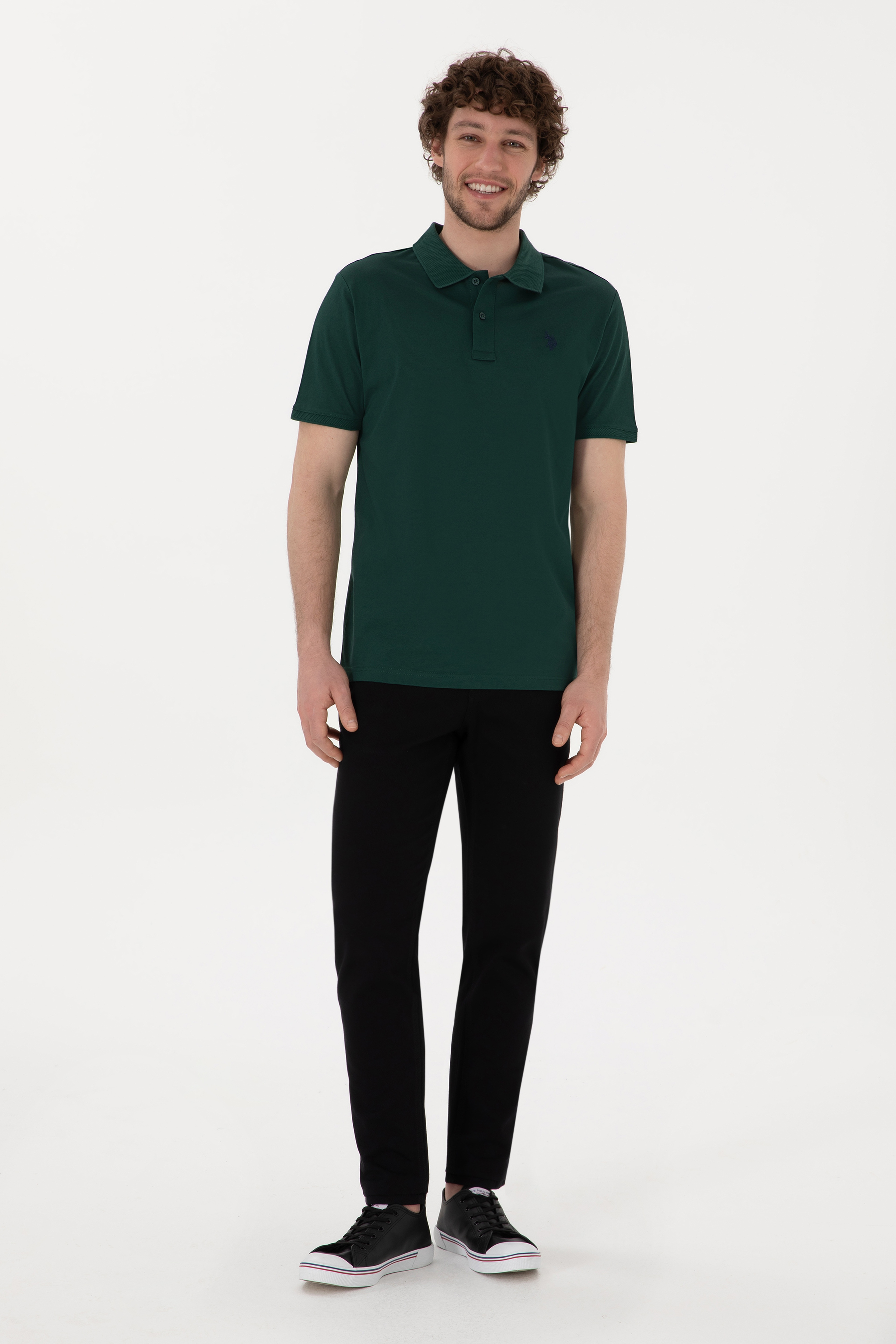 Erkek Regular Fit Polo Yaka Koyu Yeşil Basic Tişört - Image 4