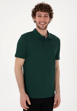 Erkek Regular Fit Polo Yaka Koyu Yeşil Basic Tişört - 50298016085