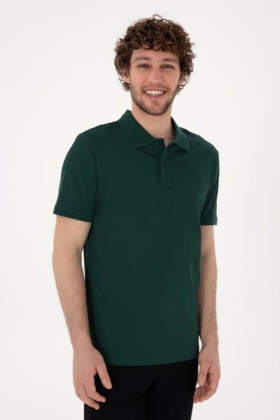 Erkek Regular Fit Polo Yaka Koyu Yeşil Basic Tişört