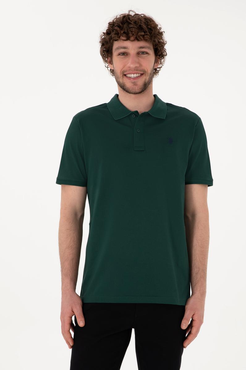 Erkek Regular Fit Polo Yaka Koyu Yeşil Basic Tişört
