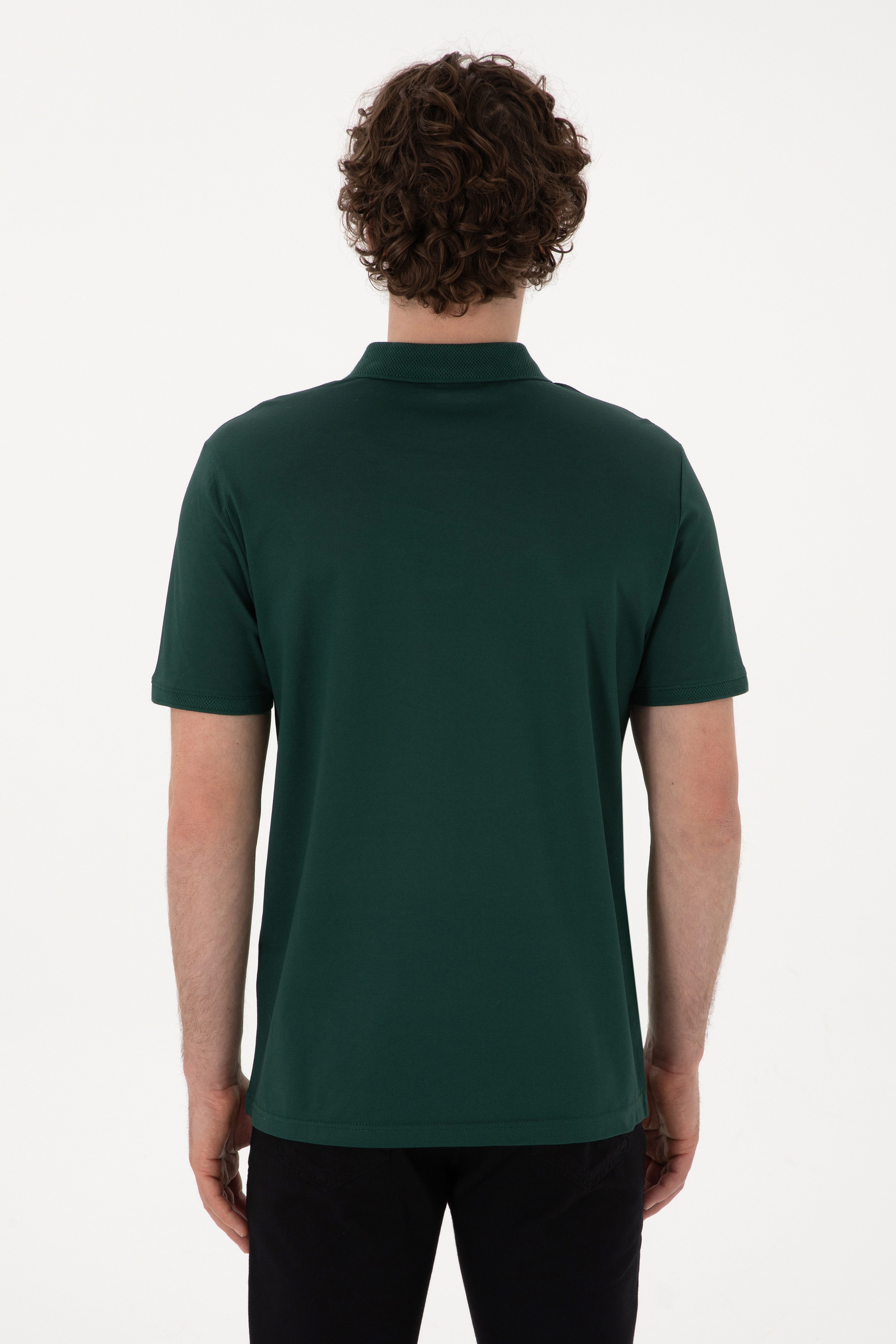 Erkek Regular Fit Polo Yaka Koyu Yeşil Basic Tişört - Image 5