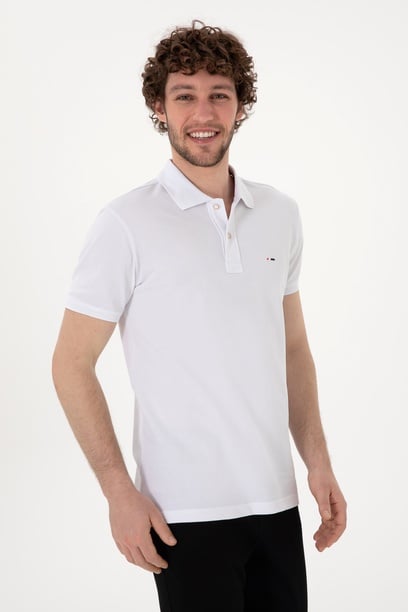 Erkek Slim Fit Polo Yaka Beyaz Basic Tişört