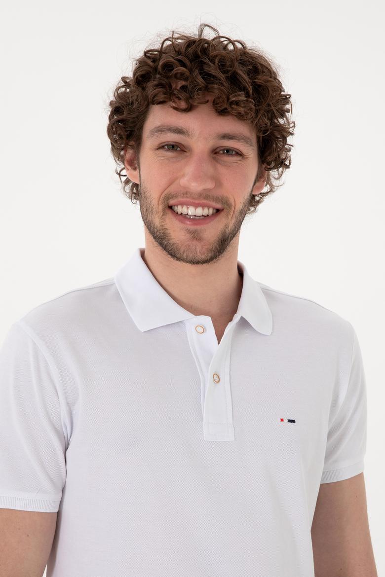 Erkek Slim Fit Polo Yaka Beyaz Basic Tişört - 50297983006