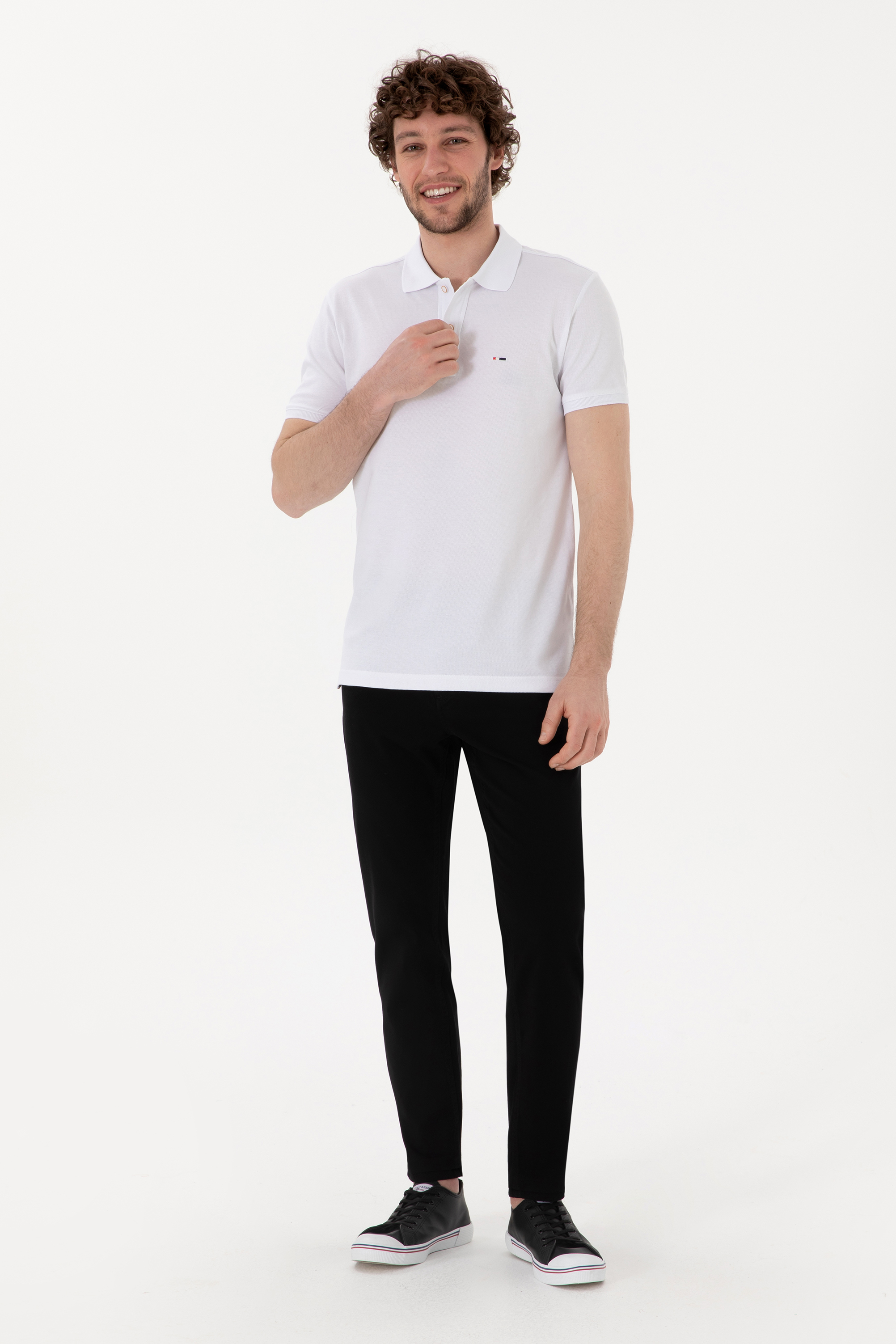 Erkek Slim Fit Polo Yaka Beyaz Basic Tişört - Image 4