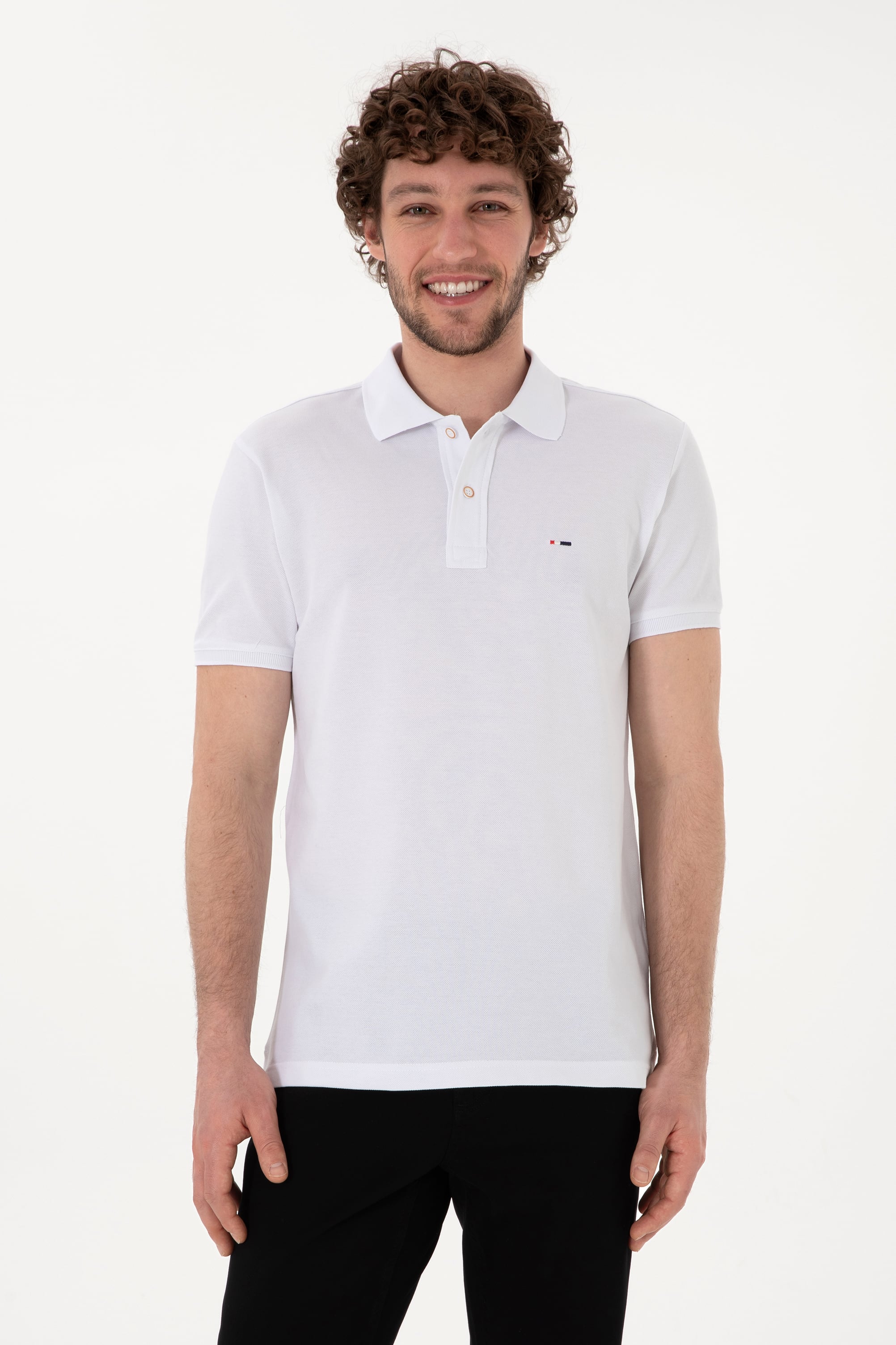 Erkek Slim Fit Polo Yaka Beyaz Basic Tişört - Image 1