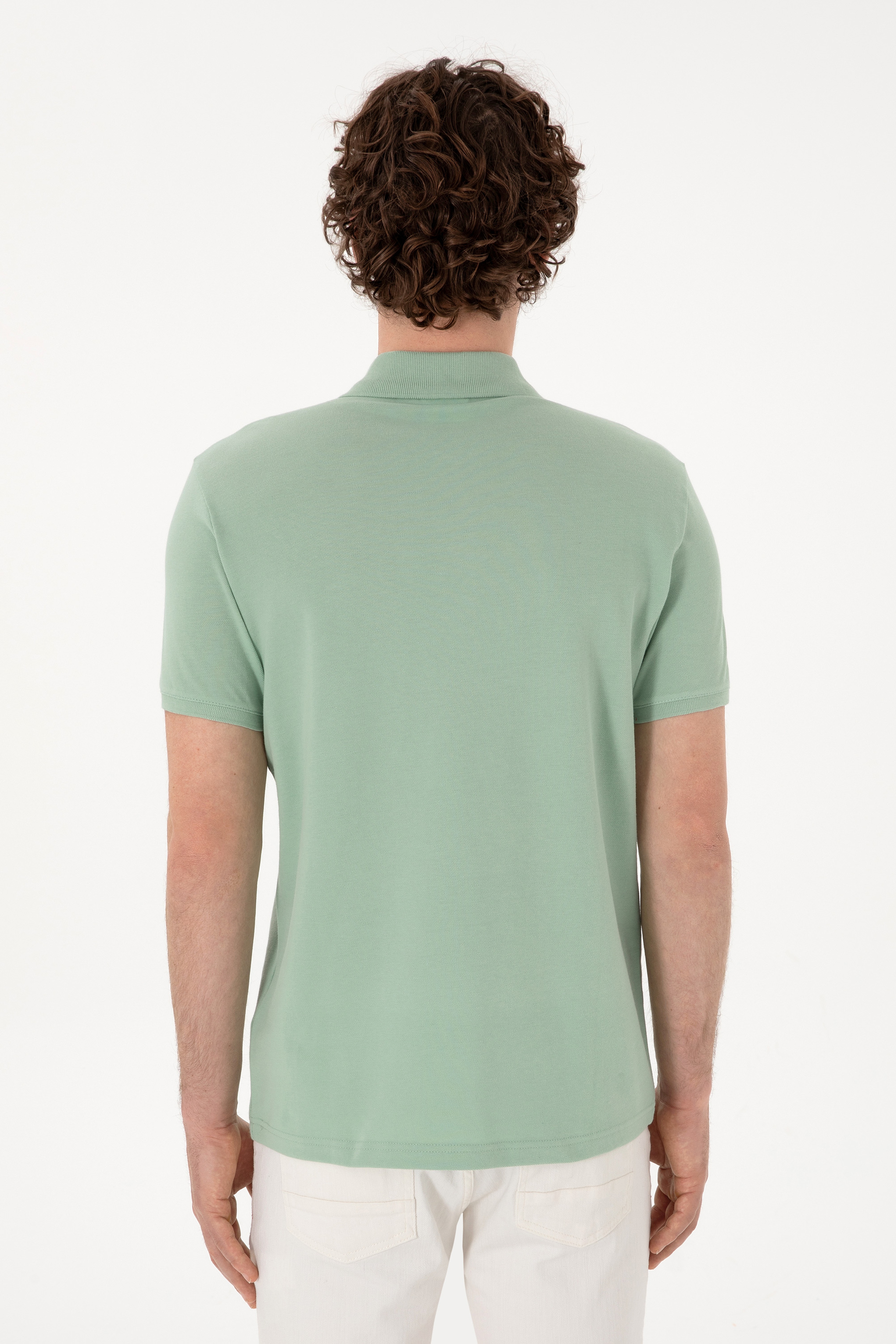 Erkek Slim Fit Polo Yaka Su Yeşili Basic Tişört - Image 5