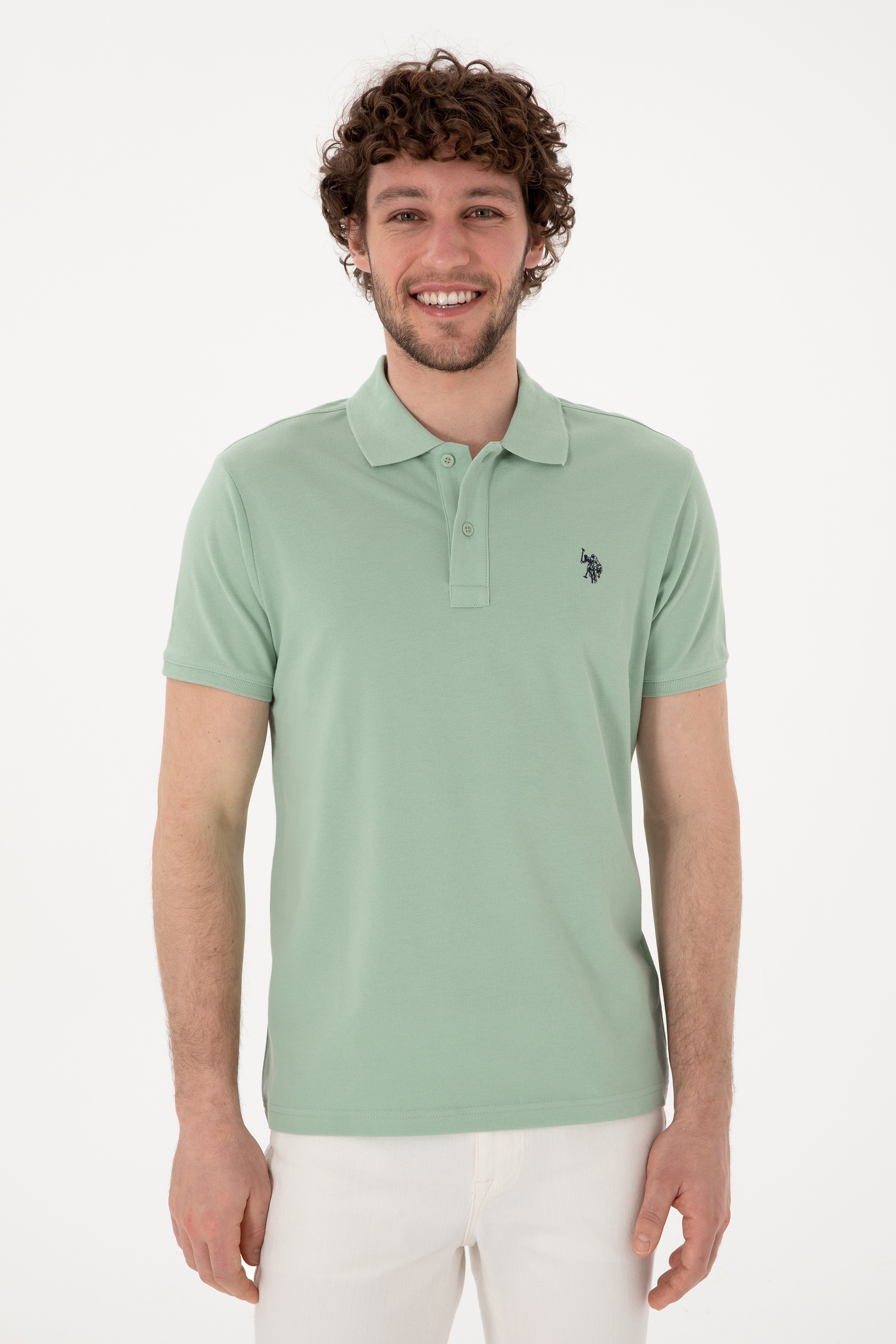 Erkek Slim Fit Polo Yaka Su Yeşili Basic Tişört - Image 3