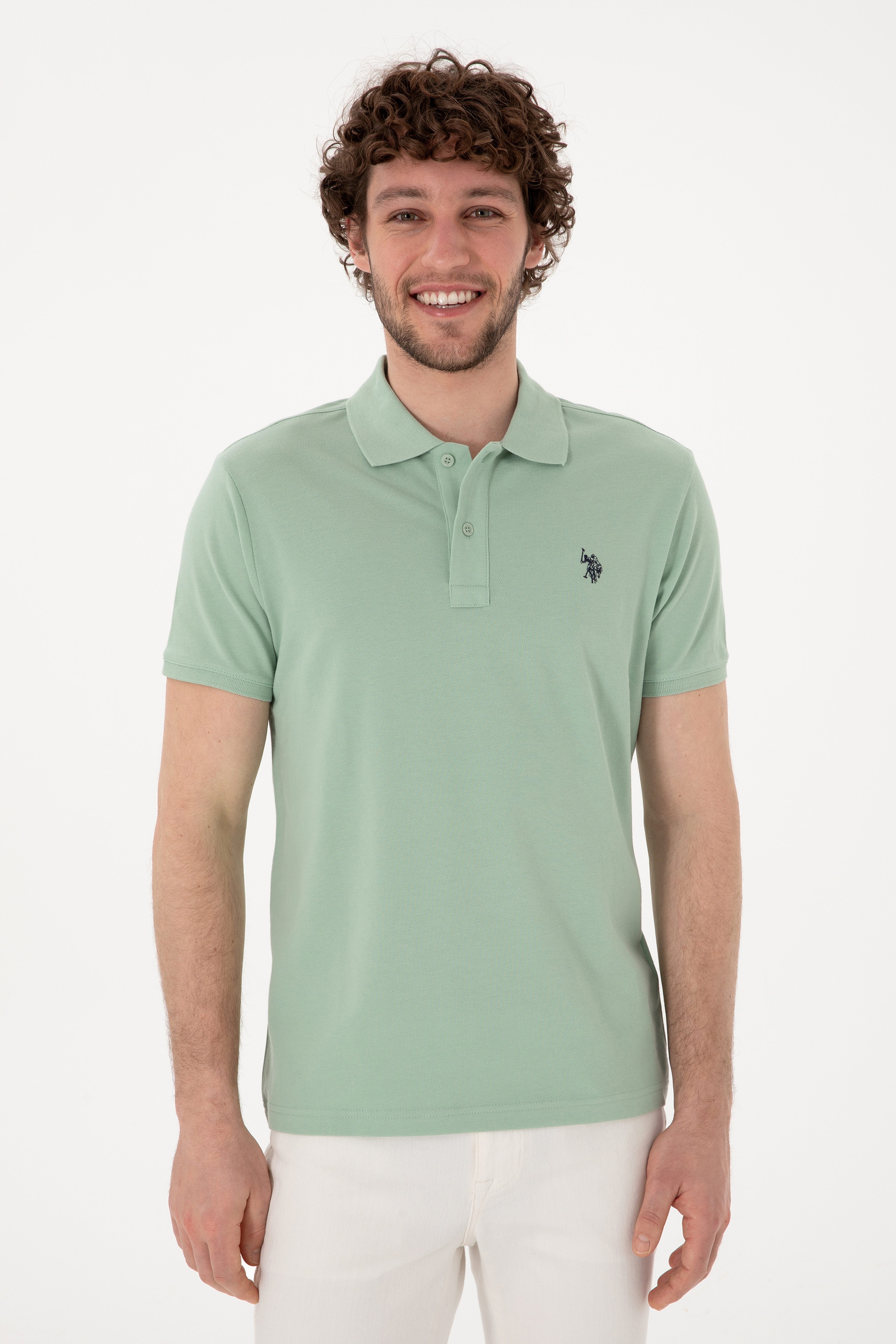 Erkek Slim Fit Polo Yaka Su Yeşili Basic Tişört