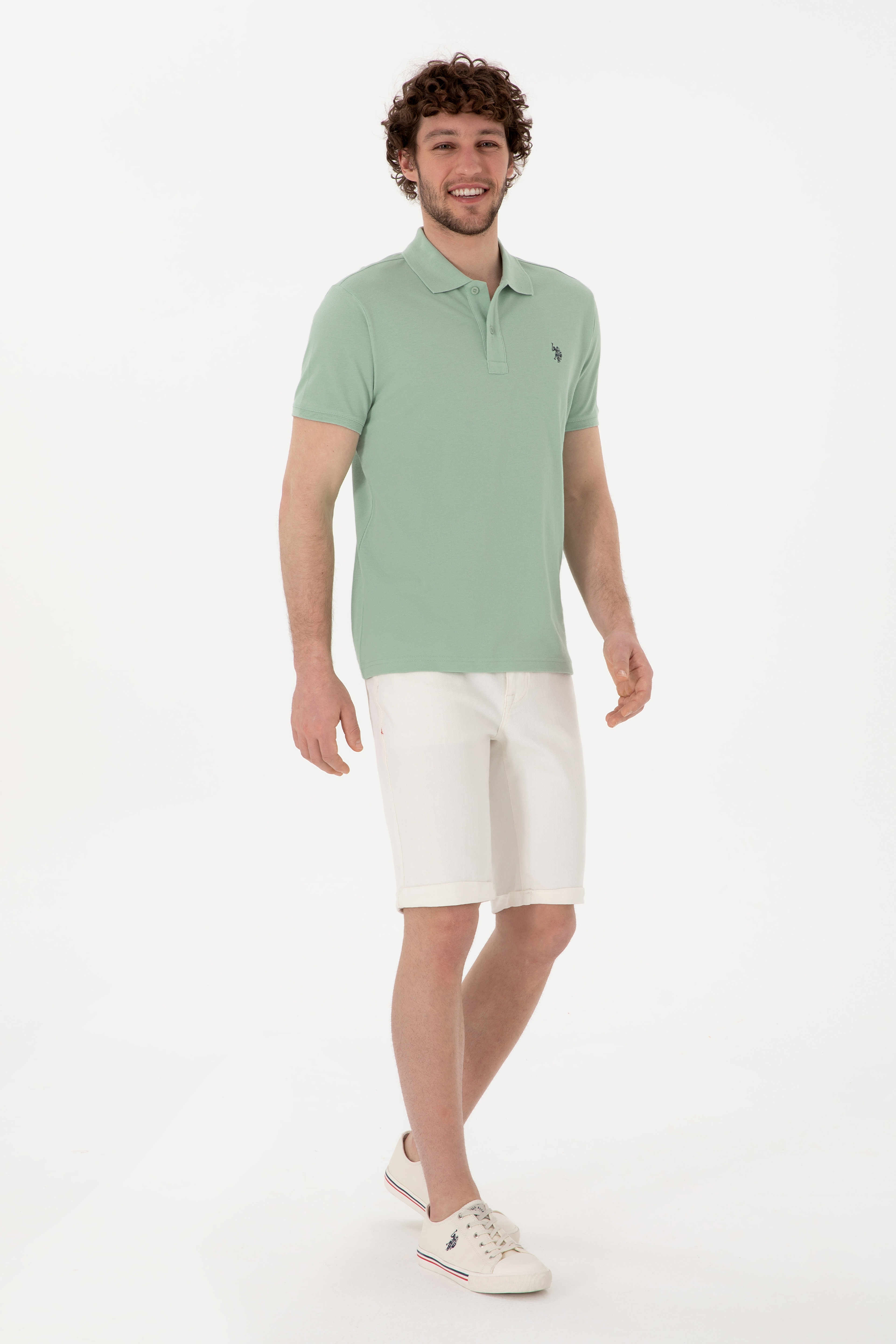 Erkek Slim Fit Polo Yaka Su Yeşili Basic Tişört - Image 4