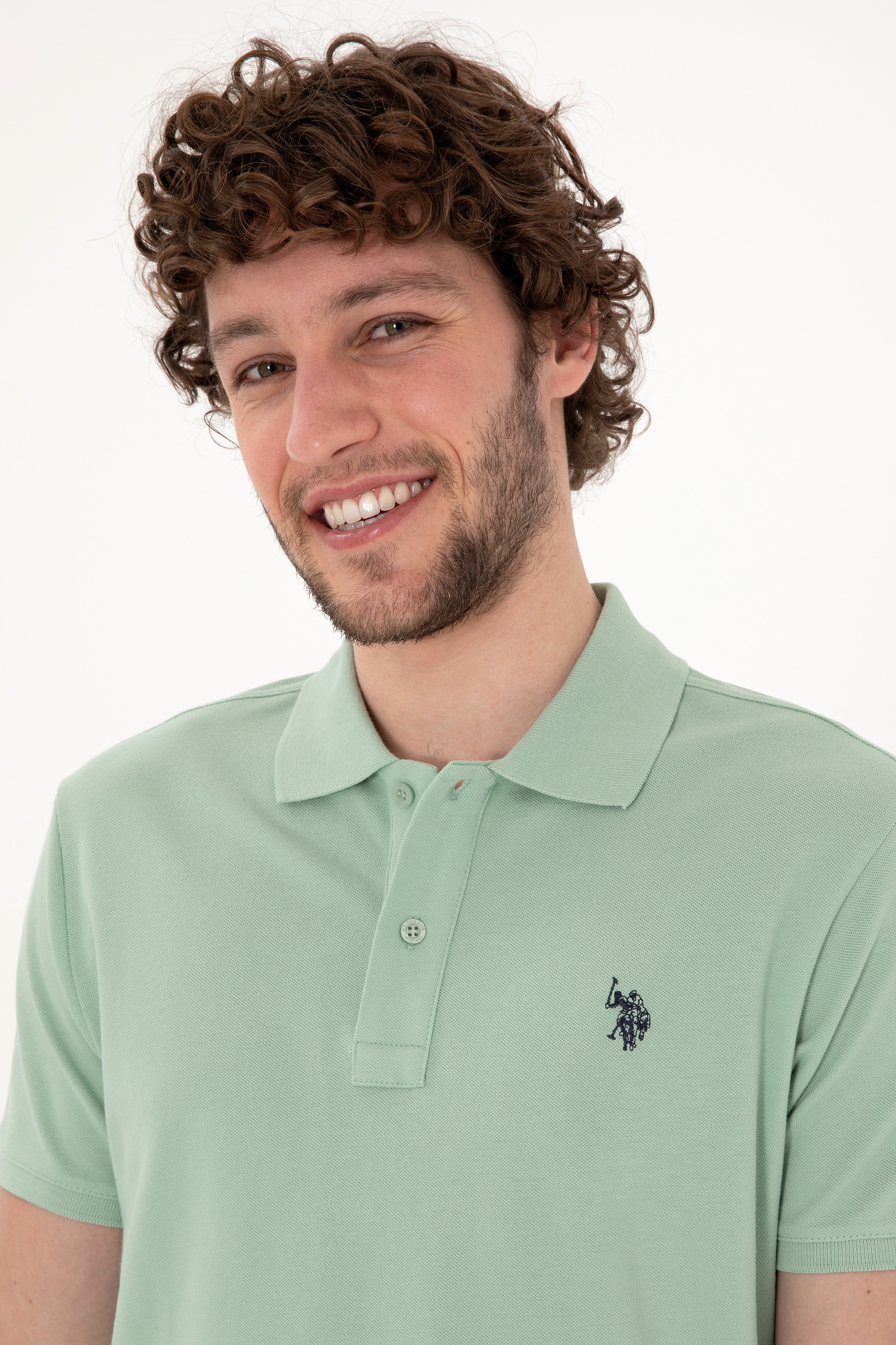 Erkek Slim Fit Polo Yaka Su Yeşili Basic Tişört - Image 2