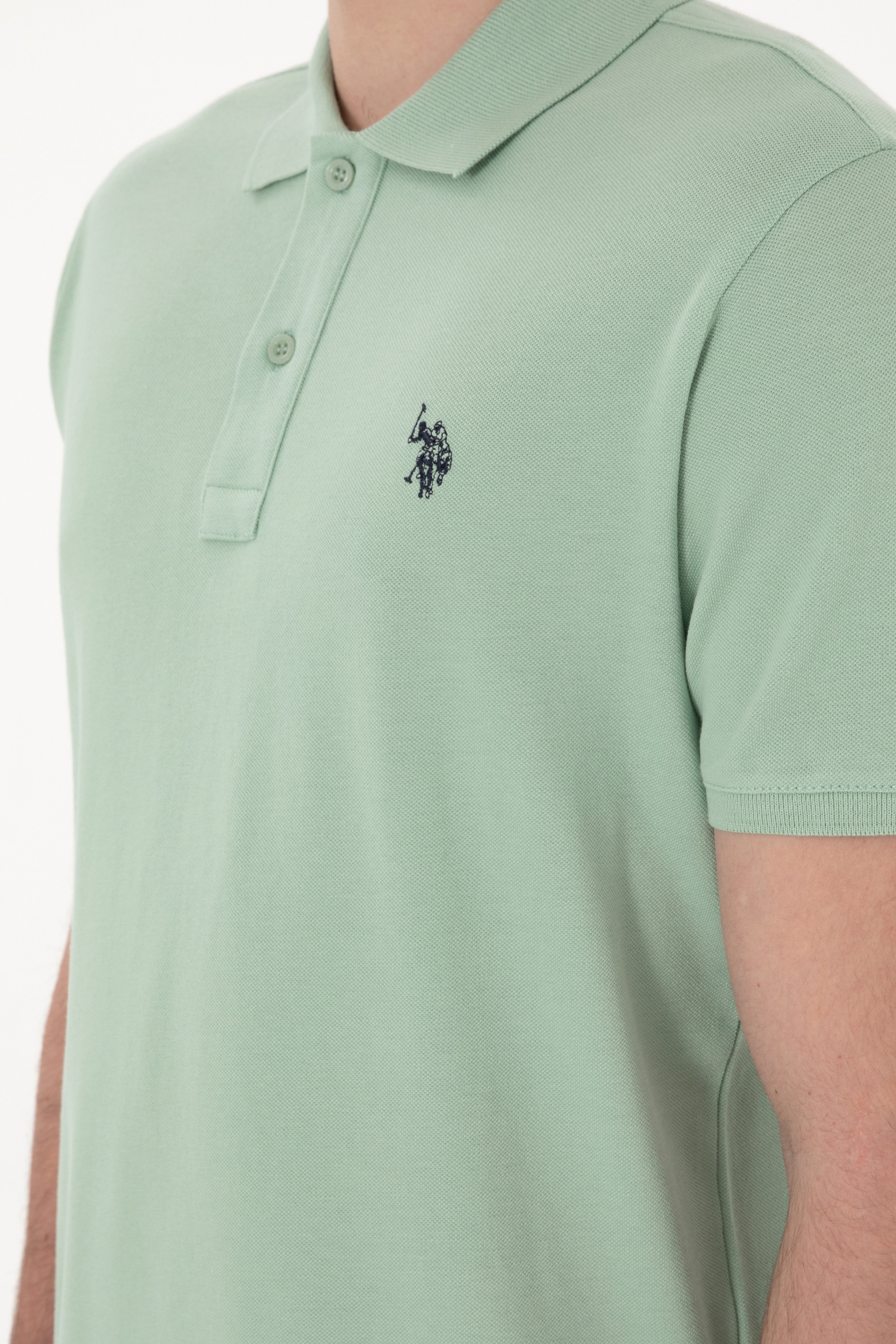 Erkek Slim Fit Polo Yaka Su Yeşili Basic Tişört - Image 7