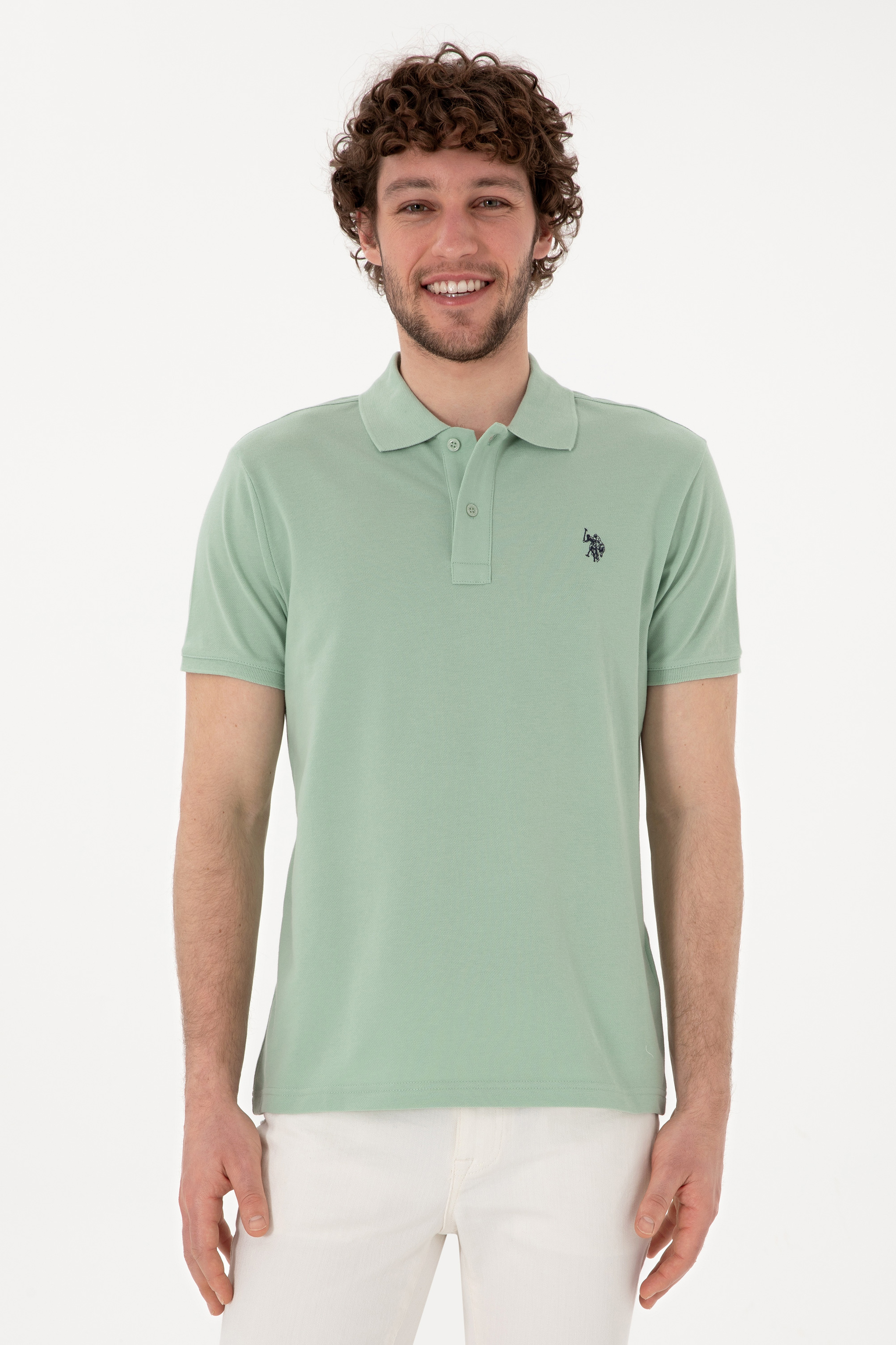 Erkek Slim Fit Polo Yaka Su Yeşili Basic Tişört - Image 1