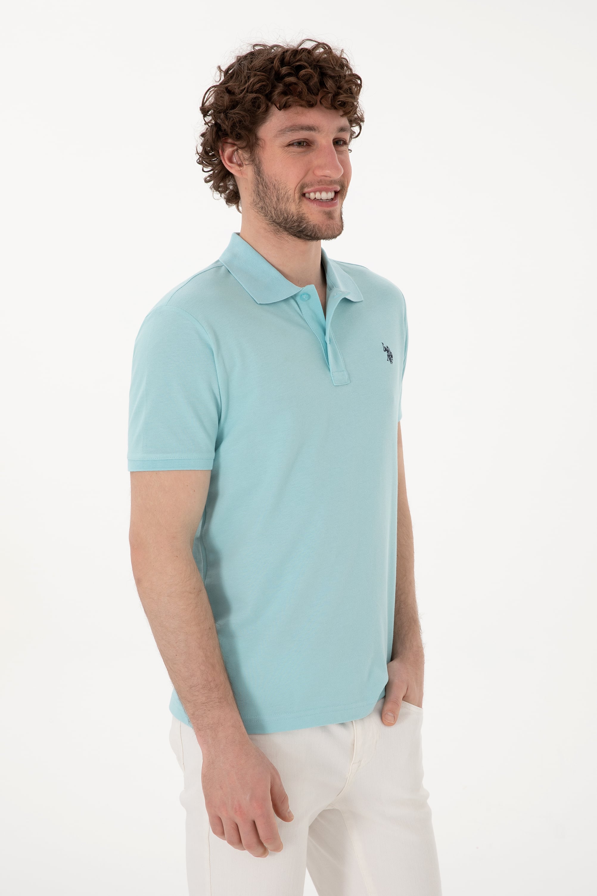 Erkek Slim Fit Polo Yaka Açık Mavi Basic Tişört