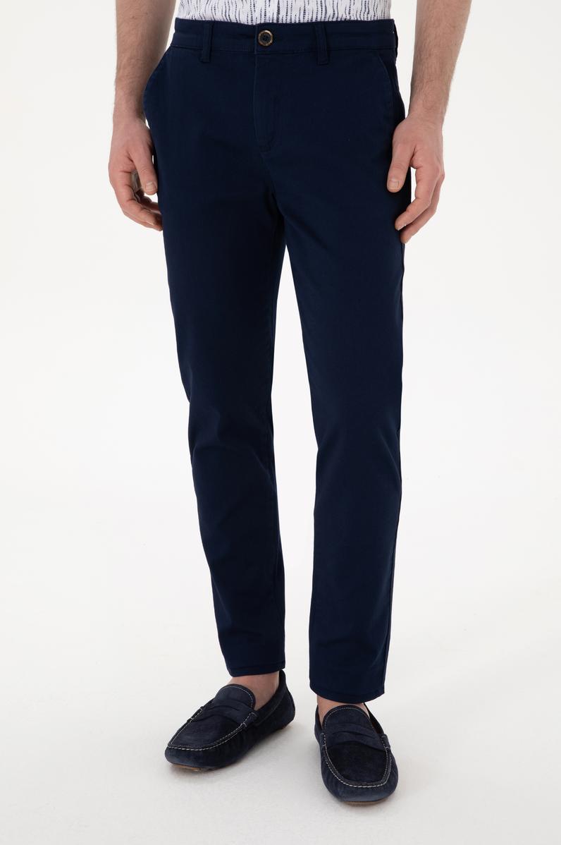 Erkek Lacivert Slim Fit Kanvas Pantolon