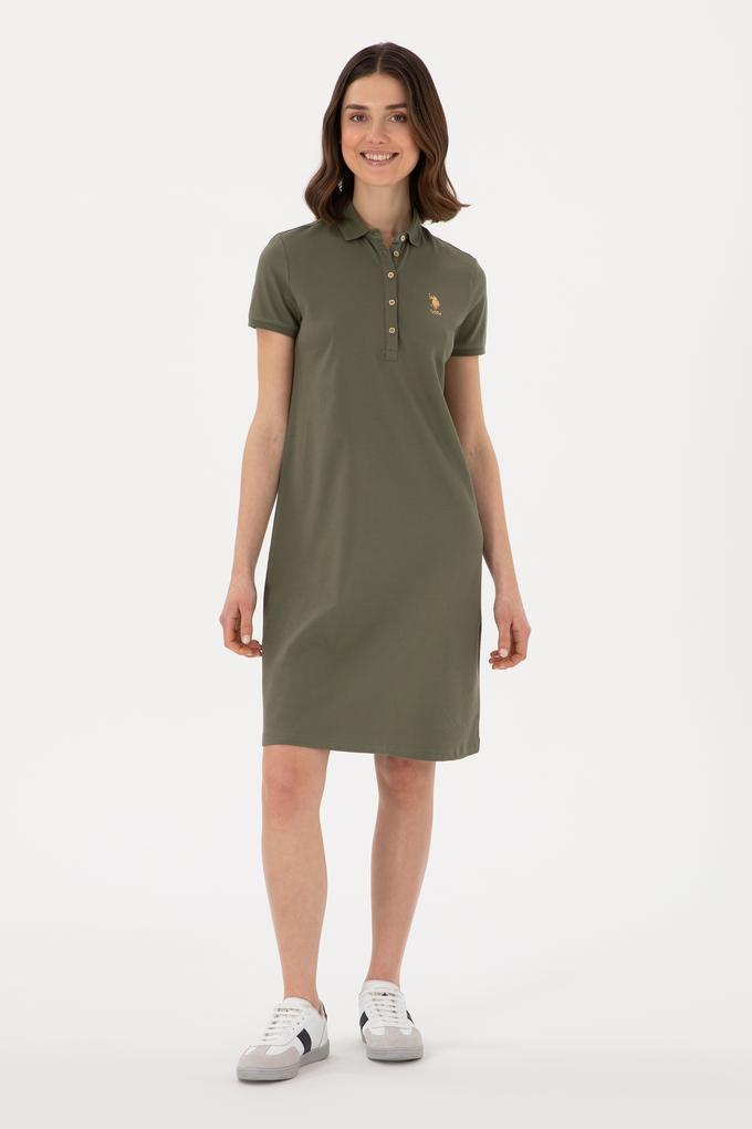 Kadın Koyu Haki Polo Yaka Mini Boy Örme Elbise