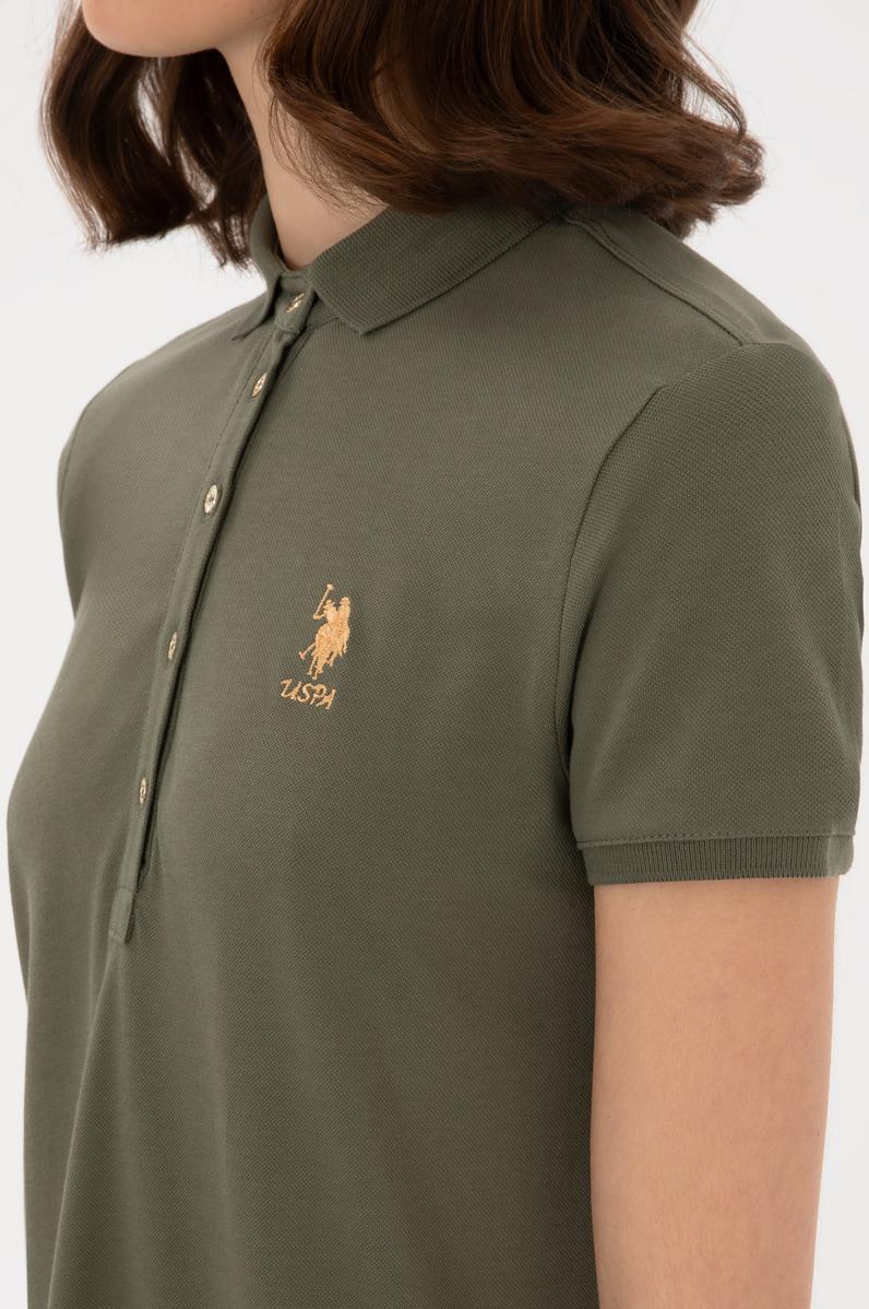 Kadın Koyu Haki Polo Yaka Mini Boy Örme Elbise