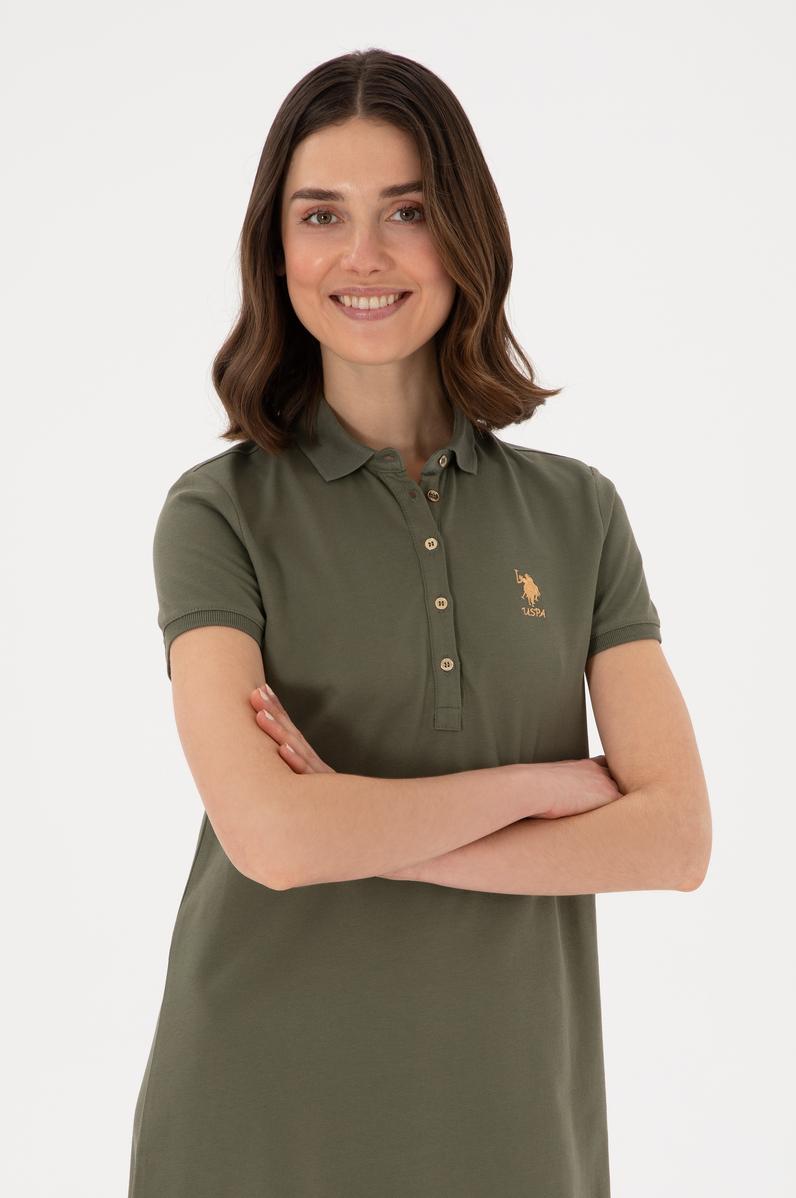 Kadın Koyu Haki Polo Yaka Mini Boy Örme Elbise