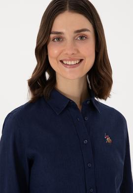 Kadın Lacivert Keten Karışımlı Uzun Kollu Basic Gömlek - 50298098027