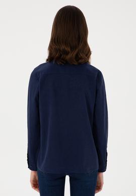 Kadın Lacivert Keten Karışımlı Uzun Kollu Basic Gömlek - 50298098027