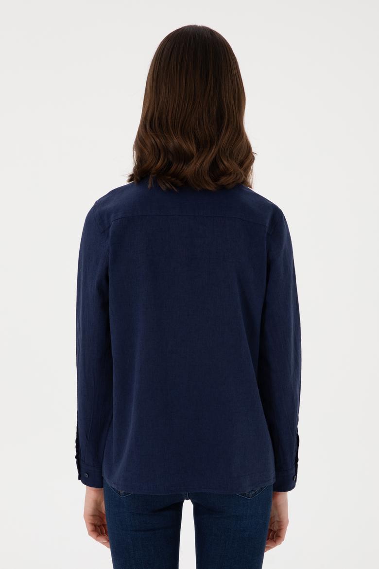 Kadın Lacivert Keten Karışımlı Uzun Kollu Basic Gömlek - 50298098027