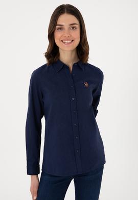 Kadın Lacivert Keten Karışımlı Uzun Kollu Basic Gömlek - 50298098027