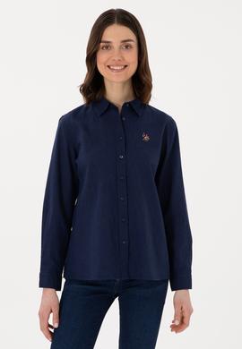 Kadın Lacivert Keten Karışımlı Uzun Kollu Basic Gömlek - 50298098027