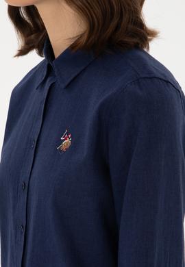 Kadın Lacivert Keten Karışımlı Uzun Kollu Basic Gömlek - 50298098027