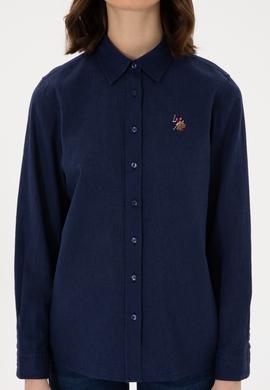 Kadın Lacivert Keten Karışımlı Uzun Kollu Basic Gömlek - 50298098027