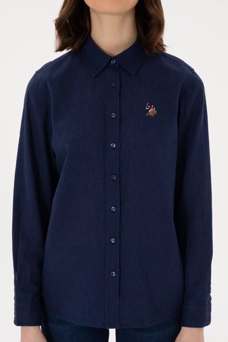 Kadın Lacivert Keten Karışımlı Uzun Kollu Basic Gömlek - 50298098027