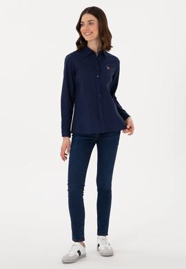 Kadın Lacivert Keten Karışımlı Uzun Kollu Basic Gömlek - 50298098027