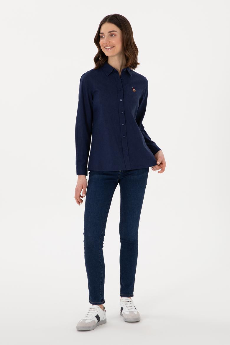 Kadın Lacivert Keten Karışımlı Uzun Kollu Basic Gömlek - 50298098027