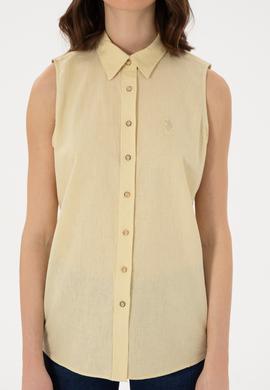 Kadın Açık Haki Keten Karışımlı Kısa Kollu Gömlek - 50298111110