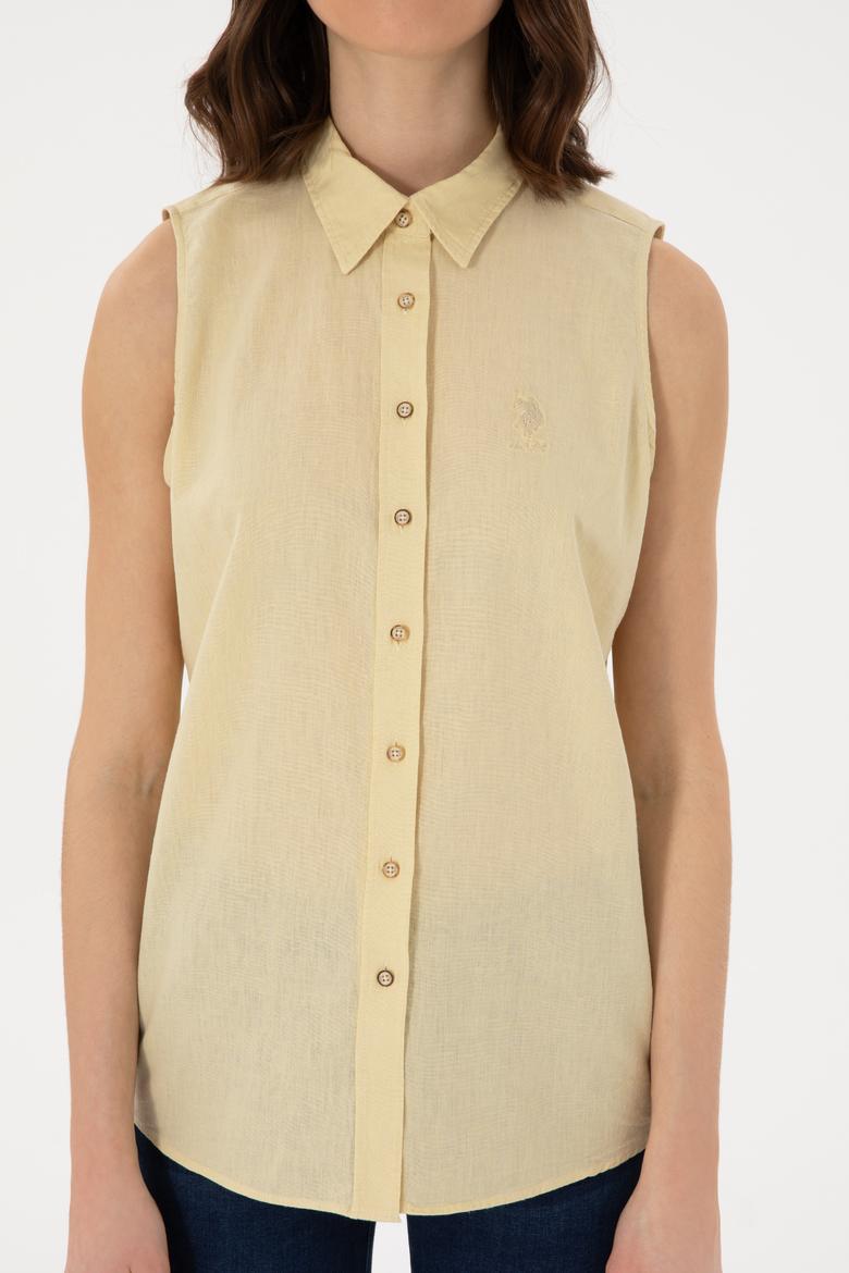 Kadın Açık Haki Keten Karışımlı Kısa Kollu Gömlek - 50298111110