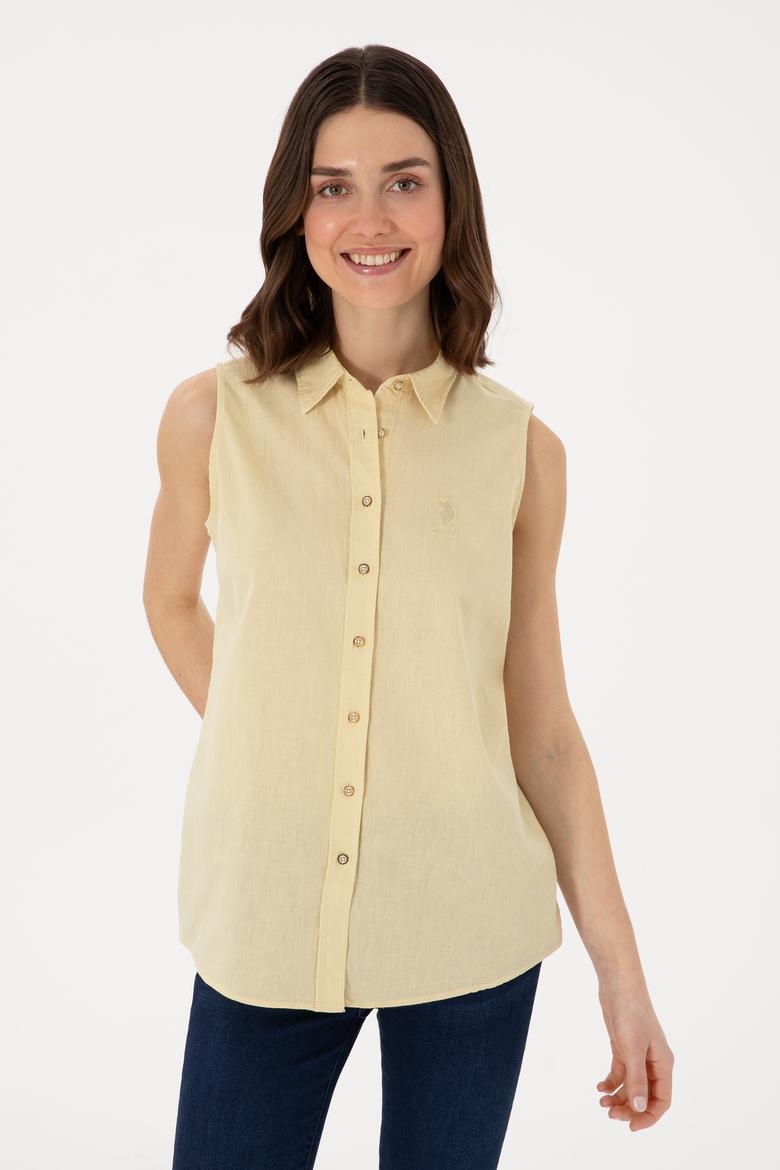 Kadın Açık Haki Keten Karışımlı Kısa Kollu Gömlek - 50298111110