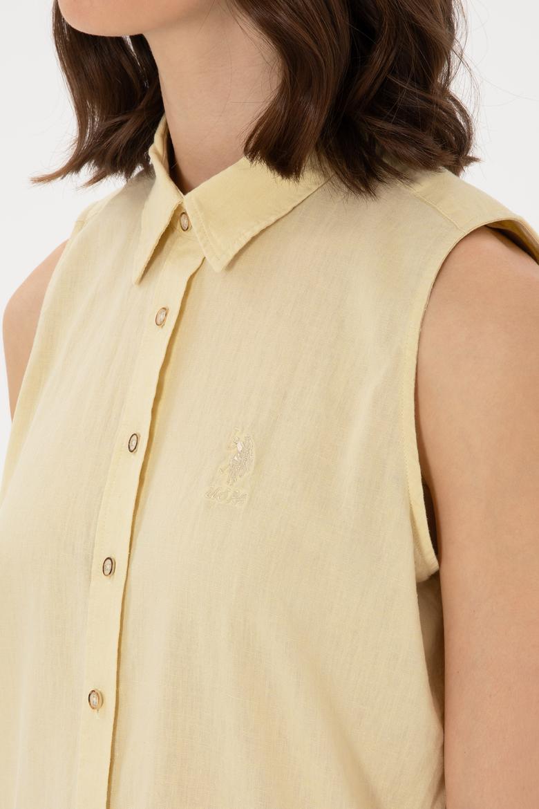 Kadın Açık Haki Keten Karışımlı Kısa Kollu Gömlek - 50298111110