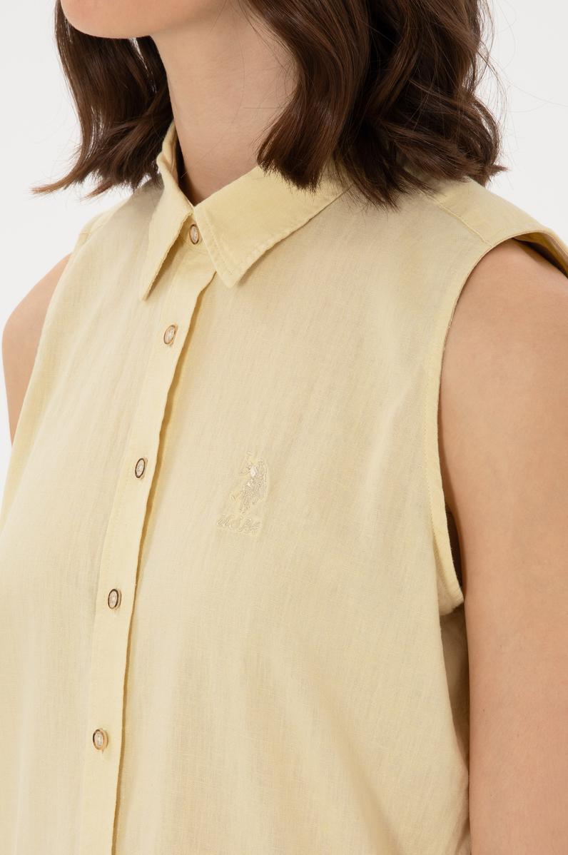 Kadın Açık Haki Keten Karışımlı Kısa Kollu Gömlek