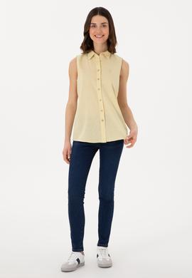 Kadın Açık Haki Keten Karışımlı Kısa Kollu Gömlek - 50298111110