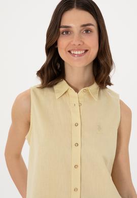 Kadın Açık Haki Keten Karışımlı Kısa Kollu Gömlek - 50298111110