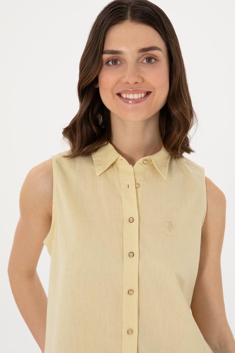 Kadın Açık Haki Keten Karışımlı Kısa Kollu Gömlek - 50298111110