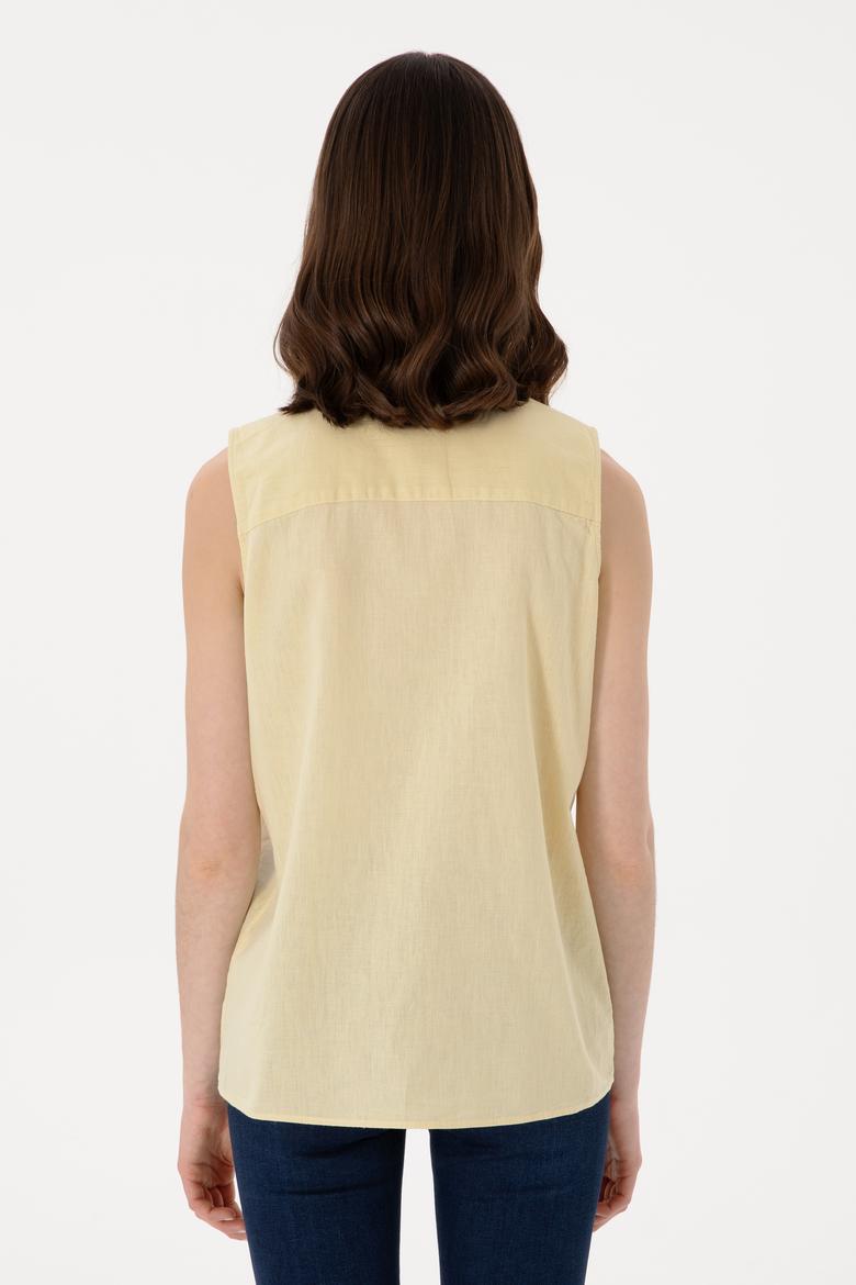 Kadın Açık Haki Keten Karışımlı Kısa Kollu Gömlek - 50298111110