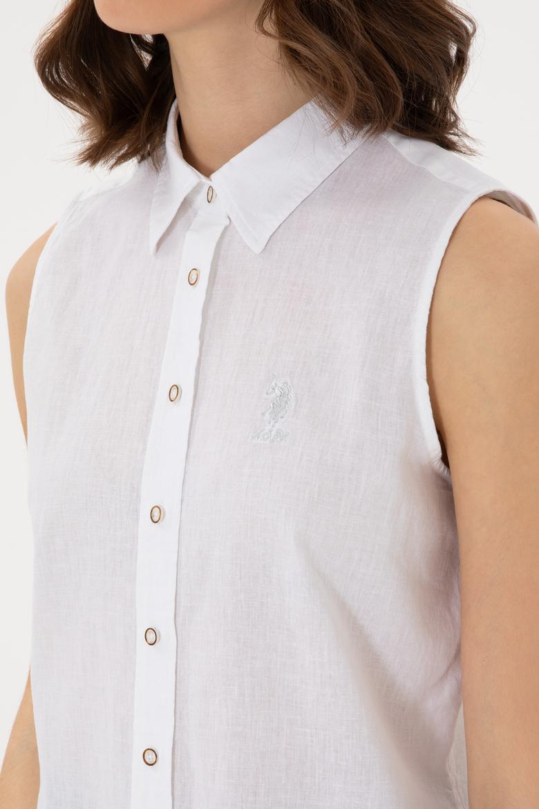 Kadın Beyaz Keten Karışımlı Kısa Kollu Gömlek - 50298111008