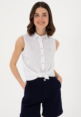 Kadın Beyaz Keten Karışımlı Kısa Kollu Gömlek - 50298111008