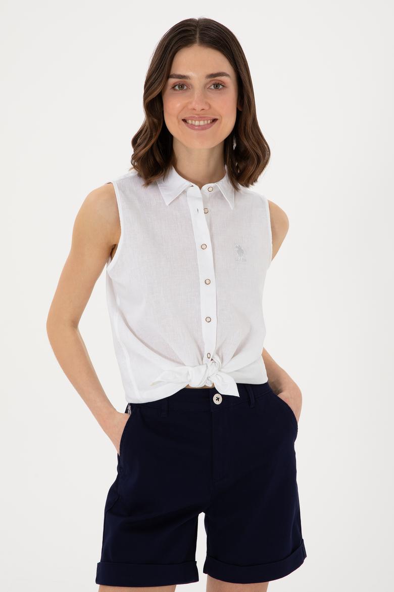 Kadın Beyaz Keten Karışımlı Kısa Kollu Gömlek - 50298111008