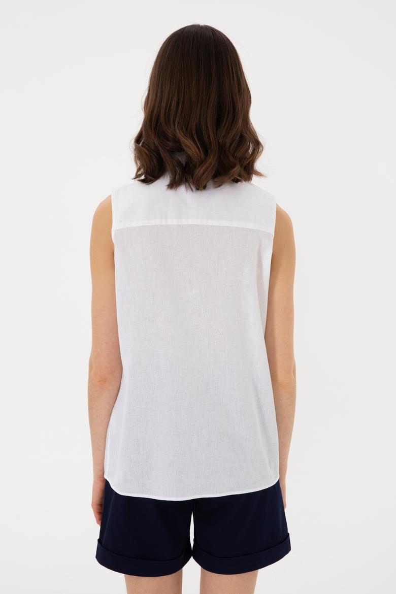 Kadın Beyaz Keten Karışımlı Kısa Kollu Gömlek - 50298111008