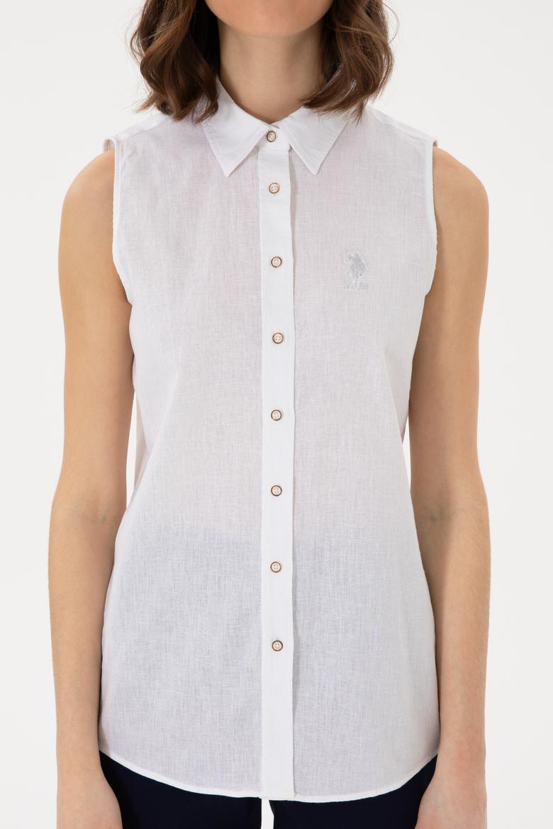 Kadın Beyaz Keten Karışımlı Kısa Kollu Gömlek - 50298111008