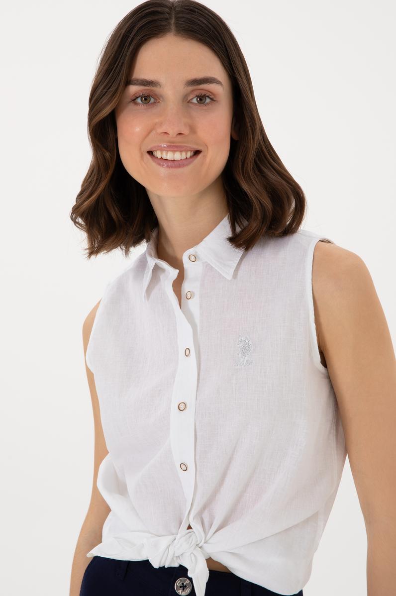 Kadın Beyaz Keten Karışımlı Kısa Kollu Gömlek
