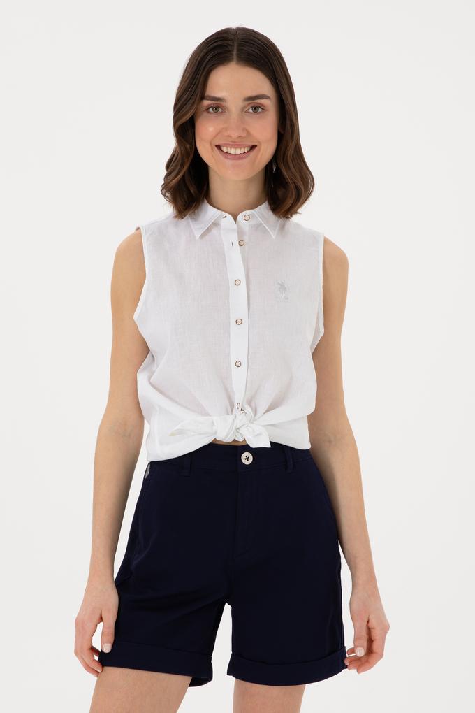 Kadın Beyaz Keten Karışımlı Kısa Kollu Gömlek