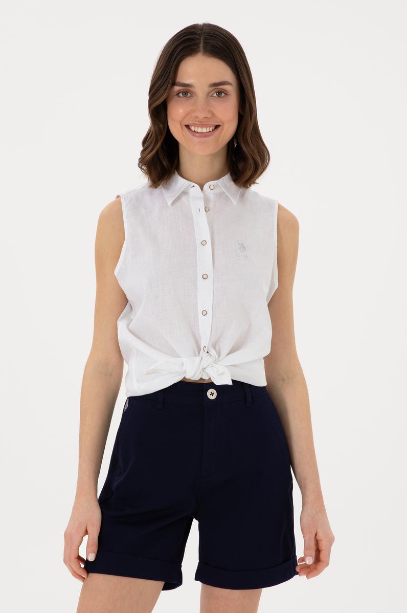 Kadın Beyaz Keten Karışımlı Kısa Kollu Gömlek