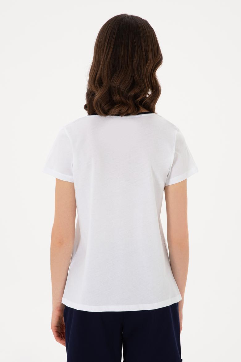 Kadın Beyaz Bisiklet Yaka Tişört - 50305765001