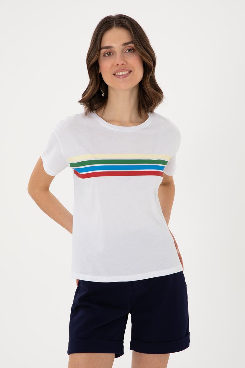 Kadın Beyaz Bisiklet Yaka Tişört - 50308639013